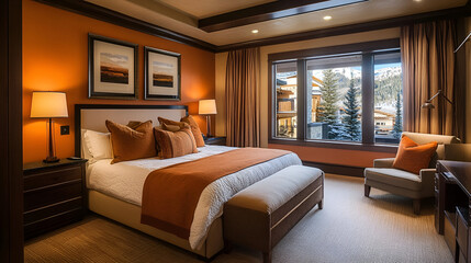 A cozy modern bedroom with warm-colored walls, an oversized bed, and plush fabrics
