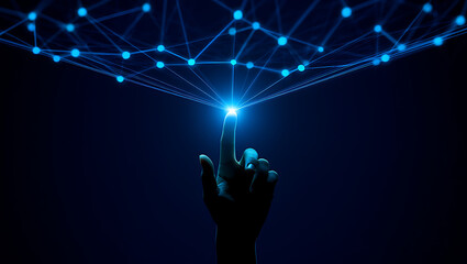 Finger touching a glowing network on a dark background