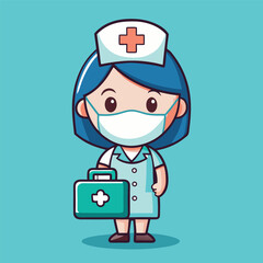 Cute Nurse with Mask Holding First Aid Box – Flat Cartoon Vector Icon of Healthcare and People Concept
