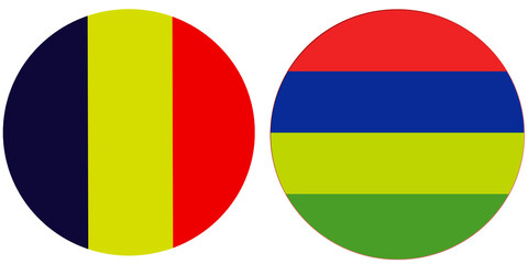 Romania Official flag with Mauritius national flag, both countries flags in Round shape and isolated on white background
Circular colorful design Flag with together.
Mauritius