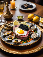 breakfast. steak and eggs, lemon oysters, peas and greens on a big plate.