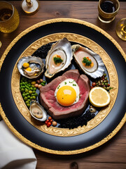 breakfast. steak and eggs, lemon oysters, peas and greens on a big plate.