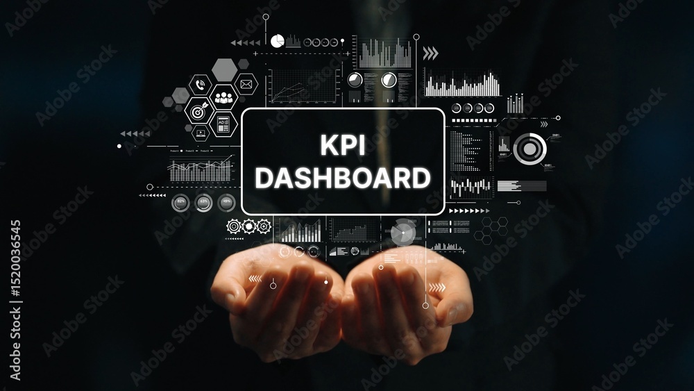 Poster hands holding transparent kpi dashboard with charts and graphs on dark background for business analy