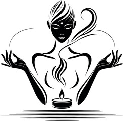 A black-and-white minimalist illustration of an elegant female silhouette with closed eyes, holding a candle. Thin smoke lines rise, capturing a serene moment of wellness and aromatic scents, evoking 