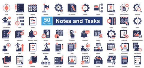 Notes and Tasks icon set contains 50 icons including , target, task completed, deadline, milestone, delay, edit document, progress, organize, unfinished, simple vector duo tone style.