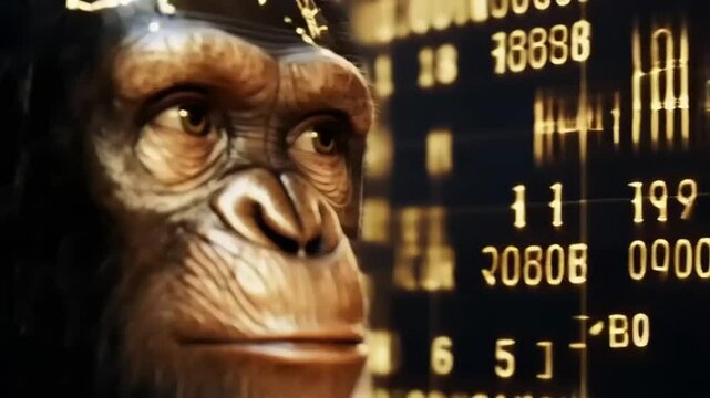 Intelligent Chimpanzee Contemplating Digital Future with Data Code in Background Video