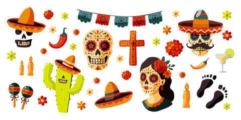 A colorful image of Mexican culture with skulls, candles, and flowers. Scene is festive and celebratory