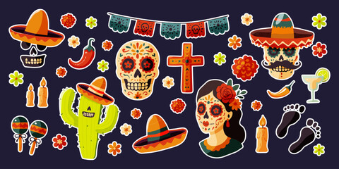 A collection of Mexican themed stickers including skulls, candles, flowers, and a cross. The stickers are arranged in a row on a dark background