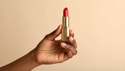 Mano de mujer sosteniendo un l&aacute;piz labial rojo sobre un fondo beige
