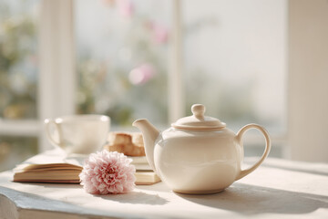 Fototapeta premium beautiful morning routine scene featuring teapot on clean table soft light streaming through window simple