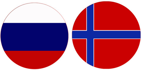 Russia Official flag with Norway national flag, both countries flags are in Round shape and isolated on white background, Circular colorful design Flag with together.
Norway