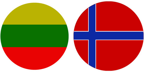 Lithuania Official flag with Norway national flag, both countries flags are in Round shape and isolated on white background, Circular colorful design Flag with together.
Norway