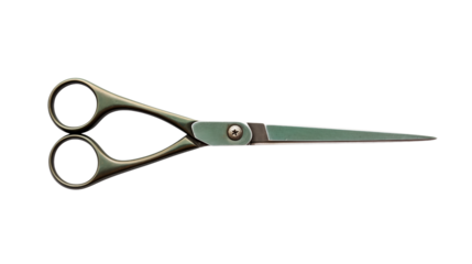 A pair of metal scissors with green accents isolated on a  transparent background in a horizontal orientation