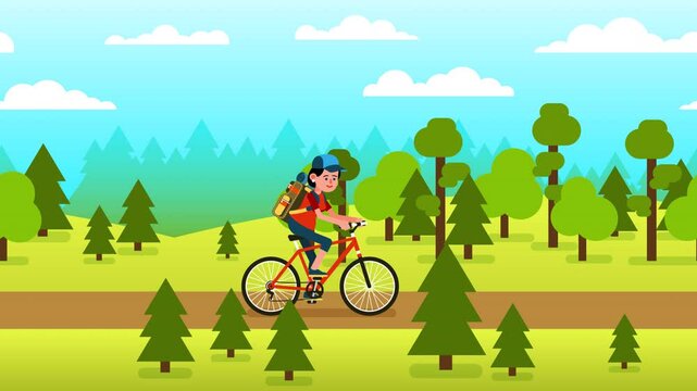 Woman is riding a bicycle along a forest trail, surrounded by trees in a peaceful, natural environment. She carries a backpack and travels through a scenic green park in a flat cartoon style.