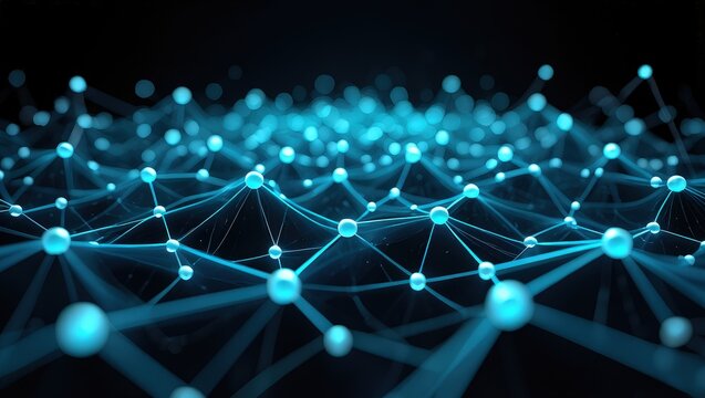 Close-up on blue blockchain nodes powering social network. Viral content profiles converge with decentralized peer interaction expansion landscape. Solution based platform infused tech effect. Proof