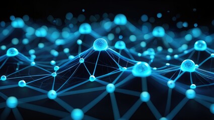 Close-up on blue blockchain nodes powering social network. Viral content profiles converge with decentralized peer interaction expansion landscape. Solution based platform infused tech effect. Proof