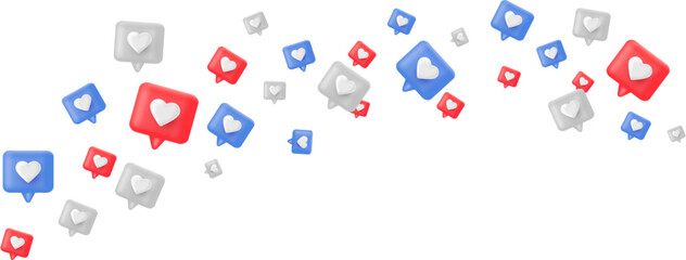 3D heart like icons in red, blue, and white flying on white background. Perfect for social media, love, and engagement themes. Vector Illustration