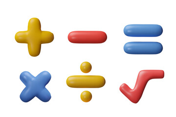 Obraz premium Mathematical symbols. Vector set of 3D signs plus, minus, equal, root, multiplication, division.
