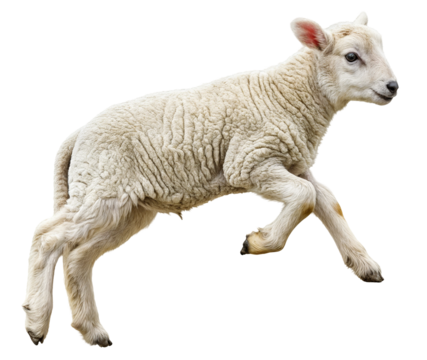 Adorable white lamb jumping playfully in a green field during spring