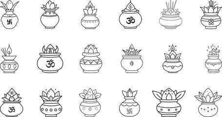 Set of outline illustrations featuring Indian Kalash pot designs, including symbols like Om, swastika, and decorative elements, representing sacred and Indian cultural values.