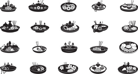 Silhouettes of various traditional floral and sacred puja thali arrangements,  culture, and ritualistic essence. Each offering reflects artistry, devotion, and spiritual traditions in a symbol
