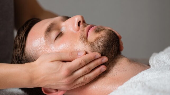 Young man receives soothing massage treatment at a tranquil spa during evening hours