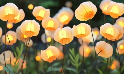 Obraz premium Illuminated paper flowers glow at dusk in a garden