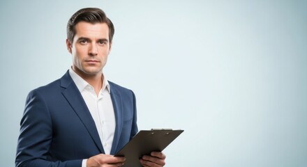 Confident businessman holding clipboard for corporate presentation
