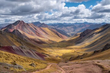 Fototapeta premium Vibrant colors of red, yellow, and purple striped mountains create a stunning landscape