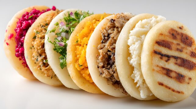 A delightful assortment of arepas showcasing a variety of savory fillings, perfect for any meal.
