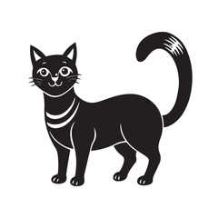 Obraz premium Smiling Black Cartoon Cat with Curved Tail and Striped Neck