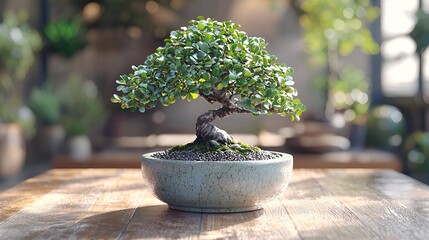 Miniature bonsai tree in a ceramic pot on a wooden table.