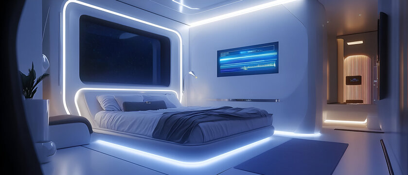 A futuristic bedroom with interactive wall art, smart lighting, and a minimalist design