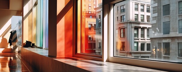 Sunlit urban view through colorful modern building windows with tinted panels