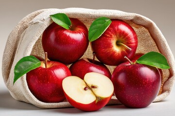 Fresh red apples in a reusable bag with vibrant details and green leaves