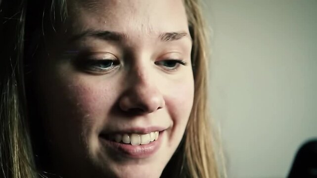 Girl uses smartphone facial recognition with glitch on her face