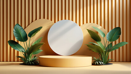 Minimalist Beige Pedestal Stage for Product Showcase with Greenery and Round Panel