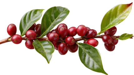 Red Coffee Cherries: A close-up shot showcases the rich, ripe beauty of coffee cherries on a verdant branch, symbolizing the natural origin and harvest of coffee beans.