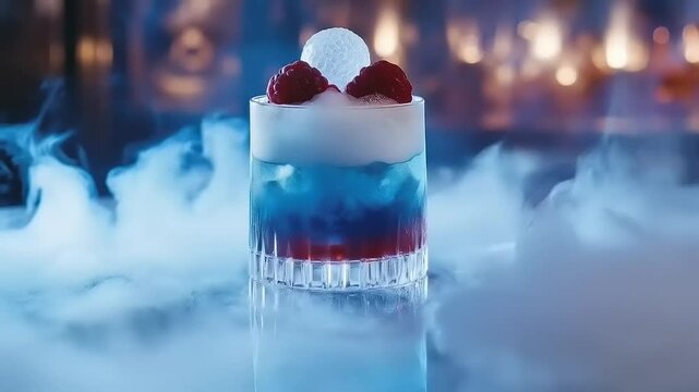 Enticing red white and blue cocktail with raspberries and a sphere on top