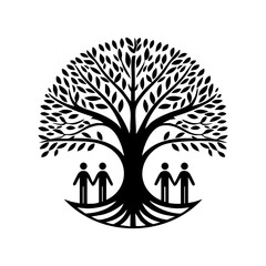Vector illustration of a tree with people holding hands beneath, symbolizing family, unity, and growth.

