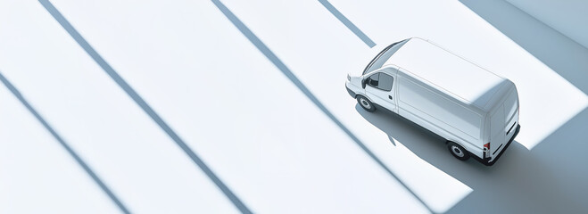 White cargo delivery van parked on a sun lit parking lot, view from above. Banner with copy space at side. Generative AI