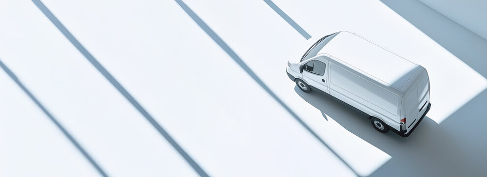 Fototapeta White cargo delivery van parked on a sun lit parking lot, view from above. Banner with copy space at side. Generative AI