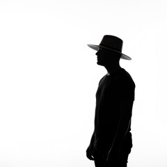Silhouette of a man wearing a hat standing against a bright white background looking to the side
