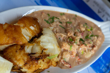 Breaded and fried Patagonian black hake served with Argentine crab salad