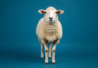 Fototapeta premium A fluffy white sheep stands against a vibrant teal backdrop, showcasing its soft wool and gentle expression a perfect farm animal portrait.