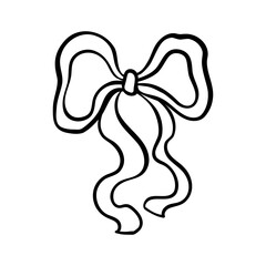 Hand drawn trendy bow made of wide ribbon with wavy ends. Wedding celebration, holiday, party decoration, gift, birthday concept. Coquette Aesthetic style. Elegant vector illustration.