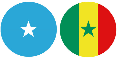Somalia Official flag with Senegal national flag, both countries flags are in Round shape and isolated on white background, Circular colorful design Flag with together.
Senegalese