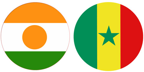 Niger Official flag with Senegal national flag, both countries flags are in Round shape and isolated on white background, Circular colorful design Flag with together.
Senegalese