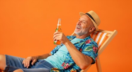 Relaxed senior man enjoying summer beverage in tropical shirt with orange background