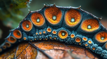 Obraz premium Close-up of a vibrant blue and orange caterpillar on a leaf.